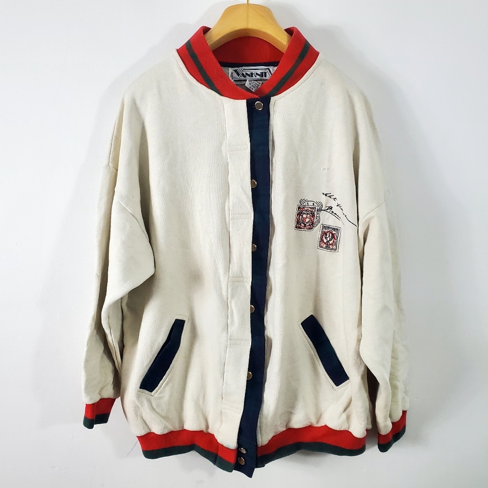 Vintage VANNINI Unisex Bomber Jacket  80s Style Cream with Red & Green Details